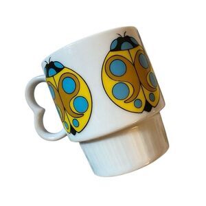 Vintage 1970s Stackable Mug RARE yellow ladybug Japan 60s MCM vtg groovy mugs